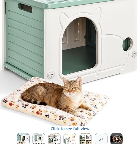 Outdoor Cat House Waterproof, Insulated Cat Shelter for Stray & Feral Green | Elevated Plastic Cat Cave with Removable Roof and Cushion Mat, Stackable Indoor Garden Pet House, Green