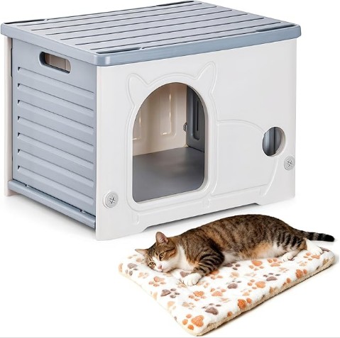 Outdoor Cat House Waterproof, Stackable Feral Cat Shelter for Outdoor Grey | Weatherproof Indoor Outdoor Cat House, Elevated Grey Shelter for Stray Cats